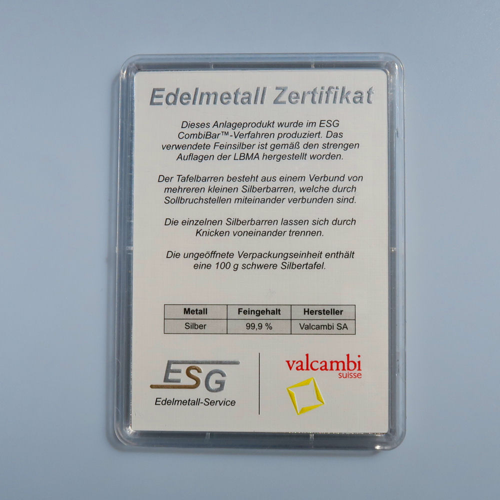 Silbertafel Valcambi 10 x 10 Gramm Silberbarren .999 Feinsilber "CombiBar" ESG – Bild 2
