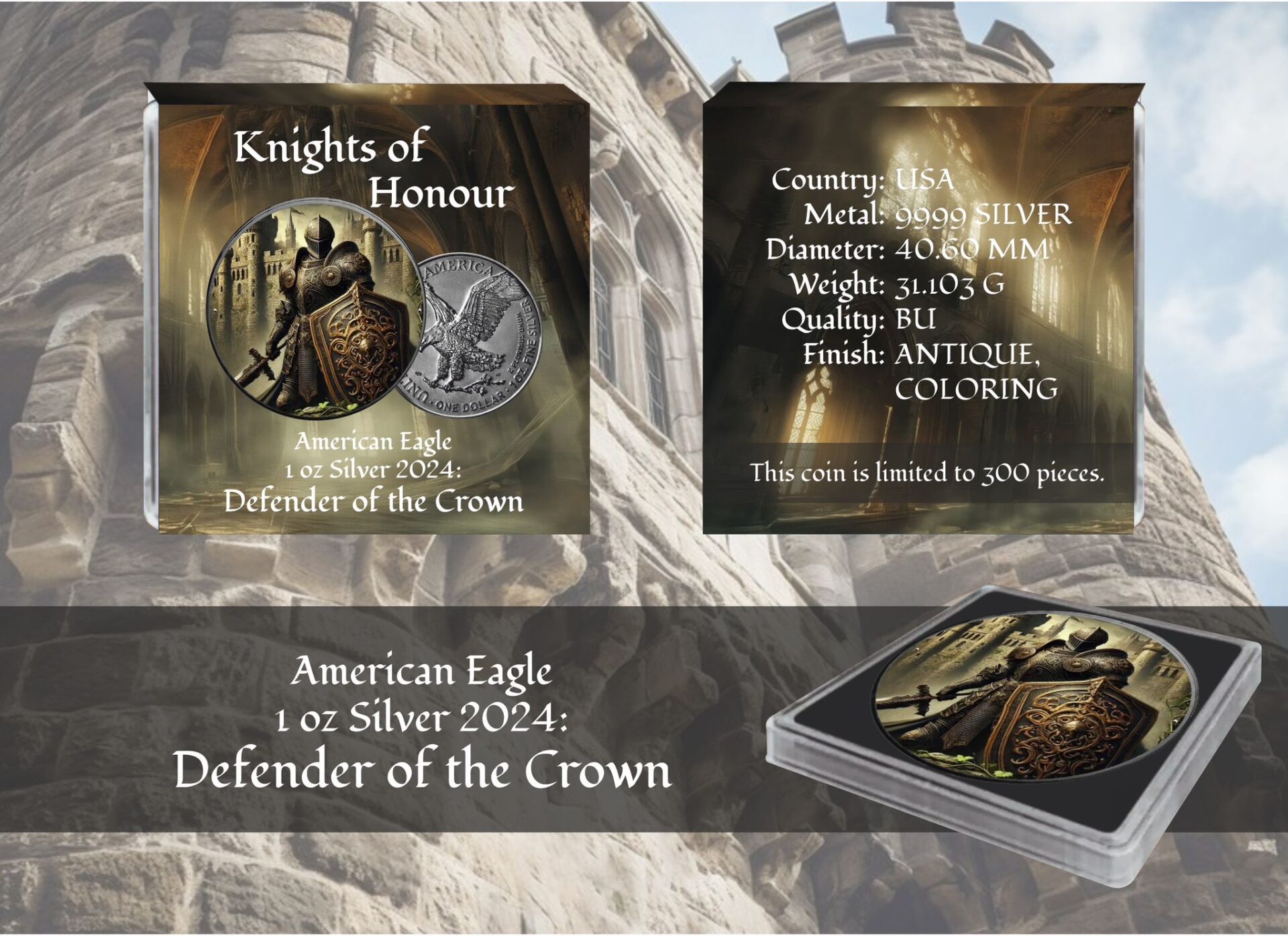 Silbermünze American Silver Eagle 2024 1 oz Knights of Honour - Defender of the Crown - antik – Bild 4