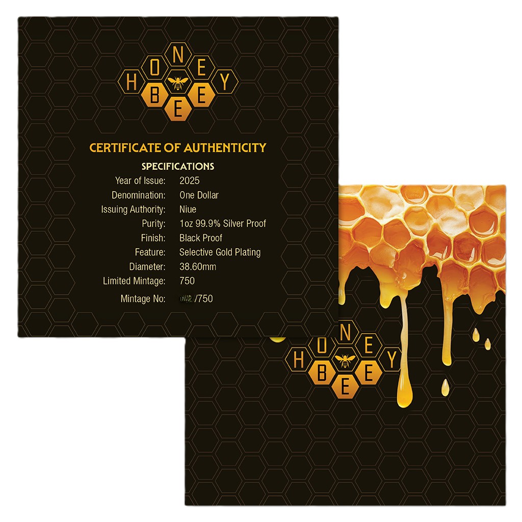 Silbermünze 1 oz - Honey Bee - Honigbiene - 2025 - Niue - Teilvergoldet - Black Proof – Bild 8