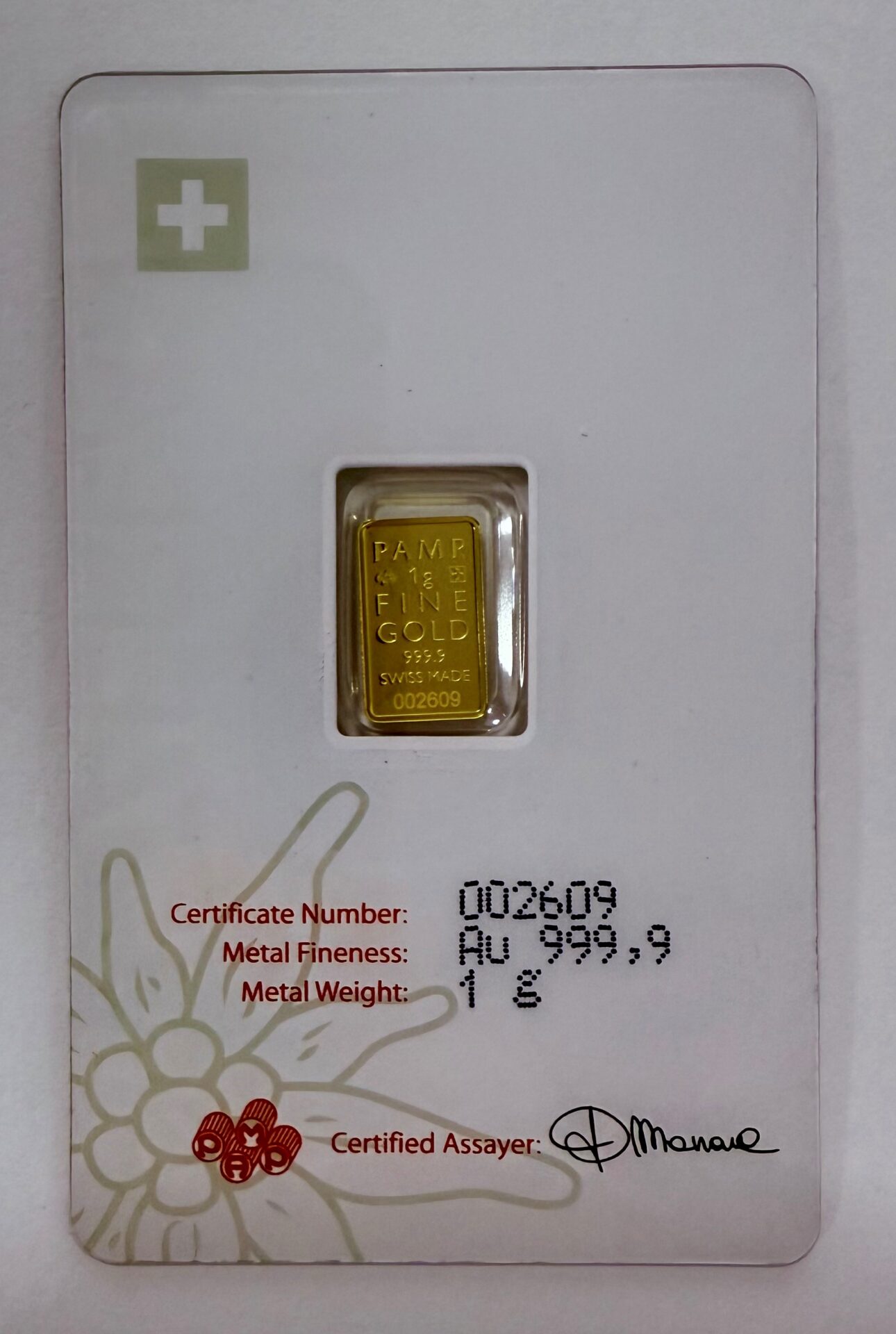 PAMP Suisse 1 Gramm Goldbarren Edelweiss 999.9 Gold im Blister mit Folie – Bild 3
