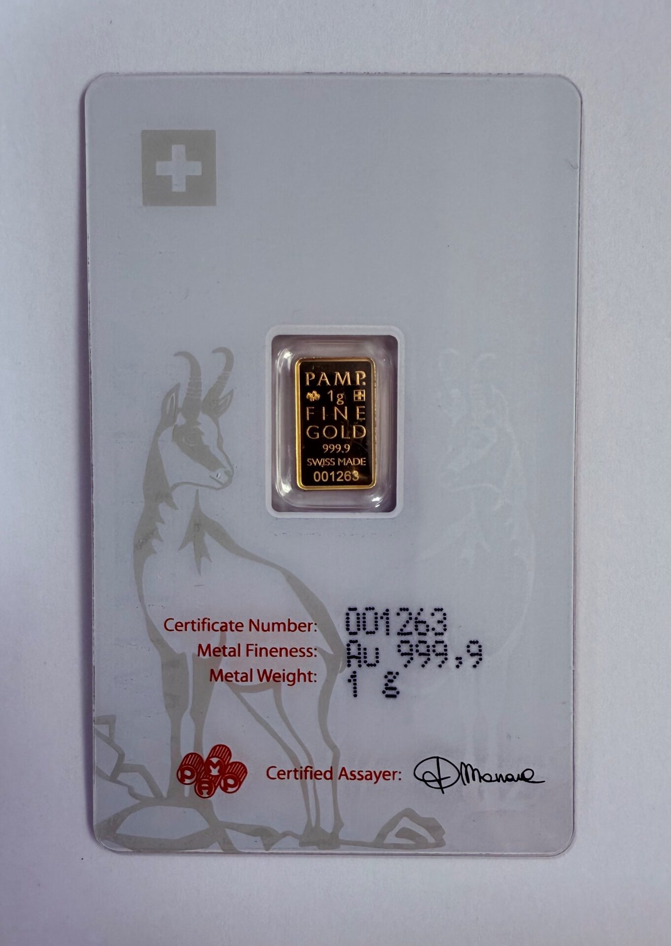 PAMP Suisse 1 Gramm Goldbarren Chamois Gams 9999 Gold im Blister mit Folie – Bild 3