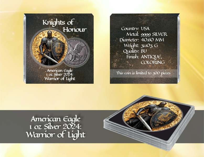 Silbermünze American Silver Eagle 2024 1 oz Knights of Honour - Warrior of Light - Color - Antik – Bild 3