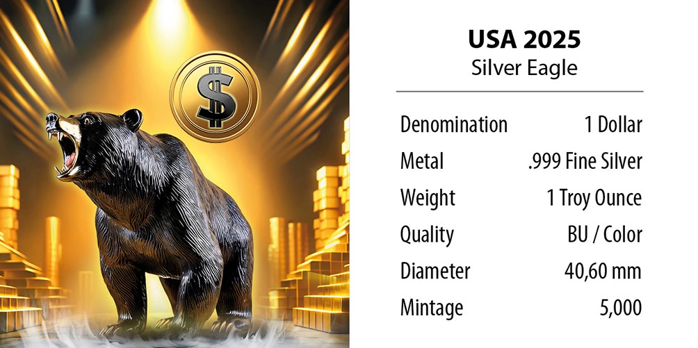 Silbermünze Silver Eagle 1 oz Bitcoin Bär Bear 2025 Farbe 999 Silber BU USA (Kopie) – Bild 4