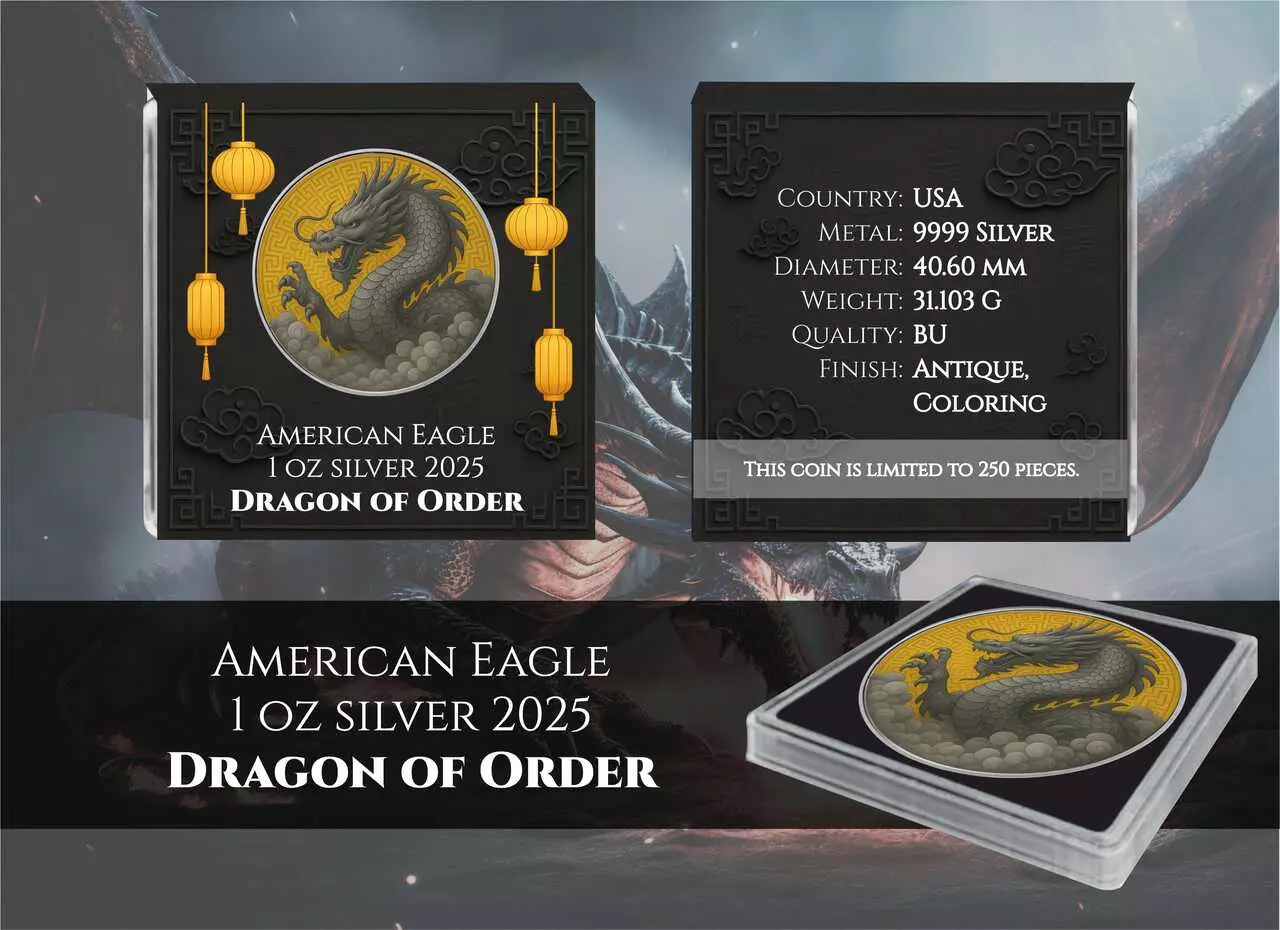 Silbermünze 1 oz American Eagle Dragon of Order Farbe Drache Silber Münze 999 – Bild 5