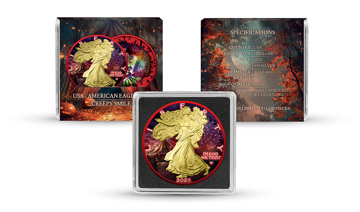 Silbermünze 1 oz USA American Eagle 2025 Halloween Creepy Smile Farbe Red Space gilded – Bild 4