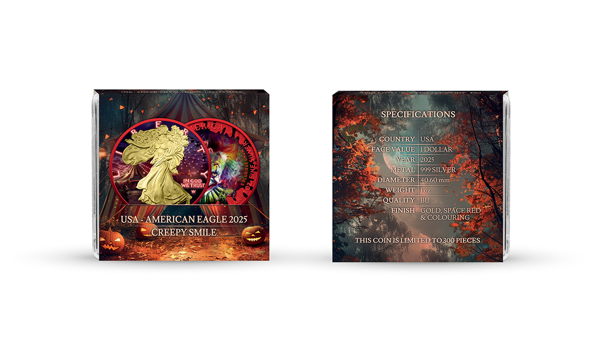 Silbermünze 1 oz USA American Eagle 2025 Halloween Creepy Smile Farbe Red Space gilded – Bild 5