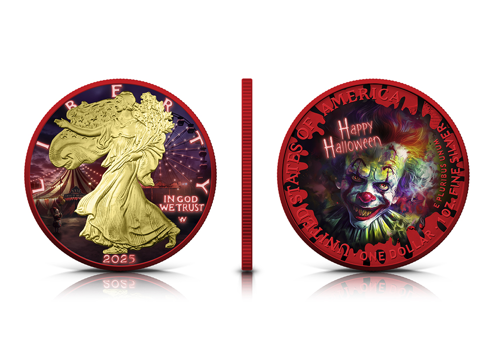 Silbermünze 1 oz USA American Eagle 2025 Halloween Creepy Smile Farbe Red Space gilded – Bild 3
