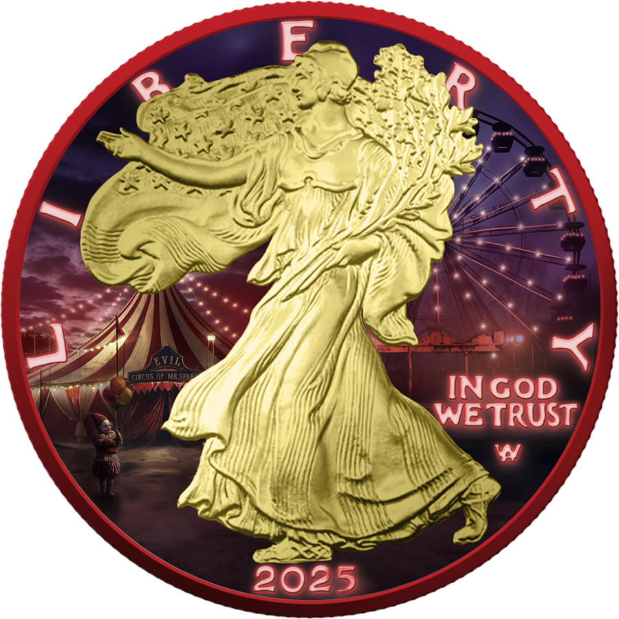 Silbermünze 1 oz USA American Eagle 2025 Halloween Creepy Smile Farbe Red Space gilded