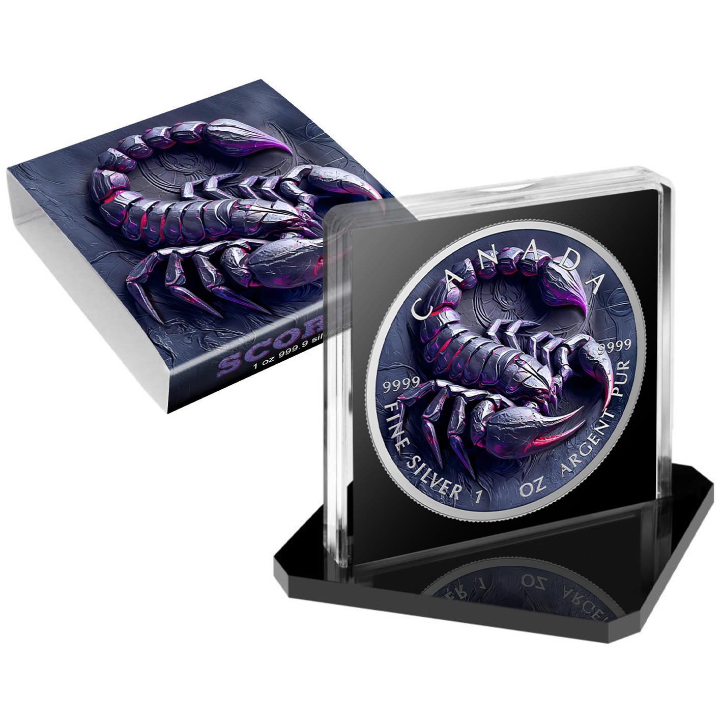 Silber Medaille Canada 1 oz - Stone Zodiac #Scorpio 2025 Farbe Aufsteller CoA – Bild 4