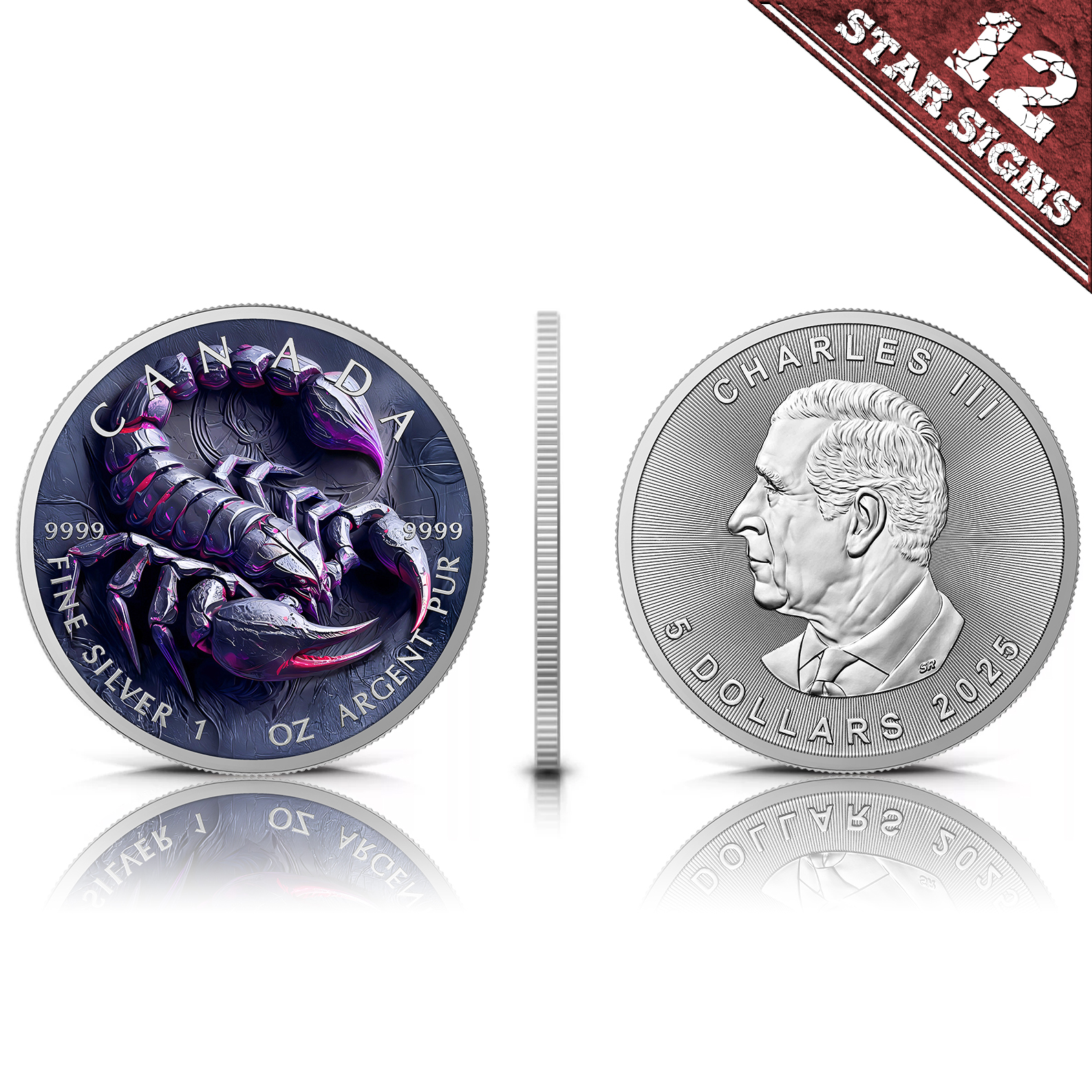 Silber Medaille Canada 1 oz - Stone Zodiac #Scorpio 2025 Farbe Aufsteller CoA – Bild 3