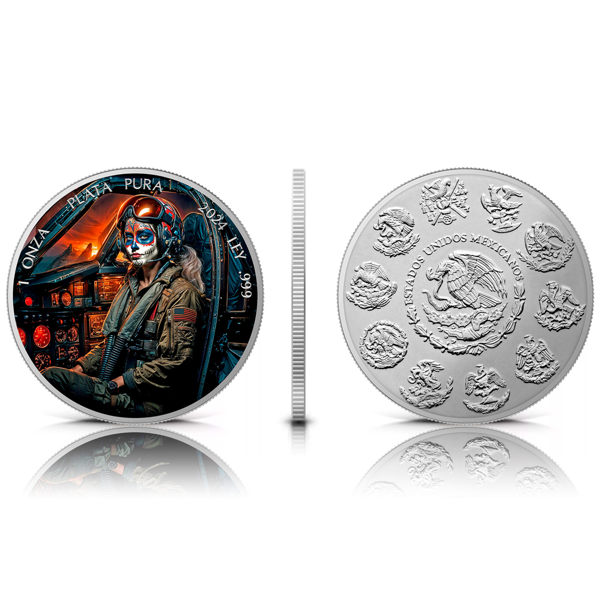 Silbermünze 1 Onza Mexico Libertad 1 oz - Dia de los Muertos - Fighter Pilot - 2024 Farbe 999.9 – Bild 4