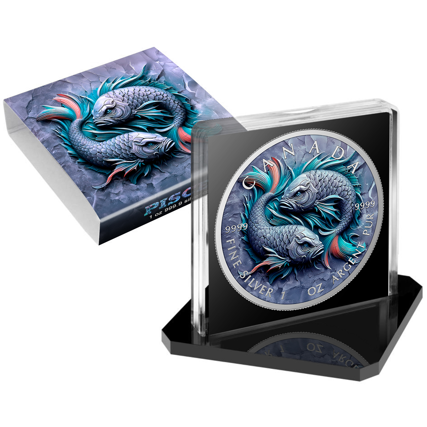 Silber Medaille Canada 1 oz - Stone Zodiac - Pisces 2025 Farbe Aufsteller CoA – Bild 5