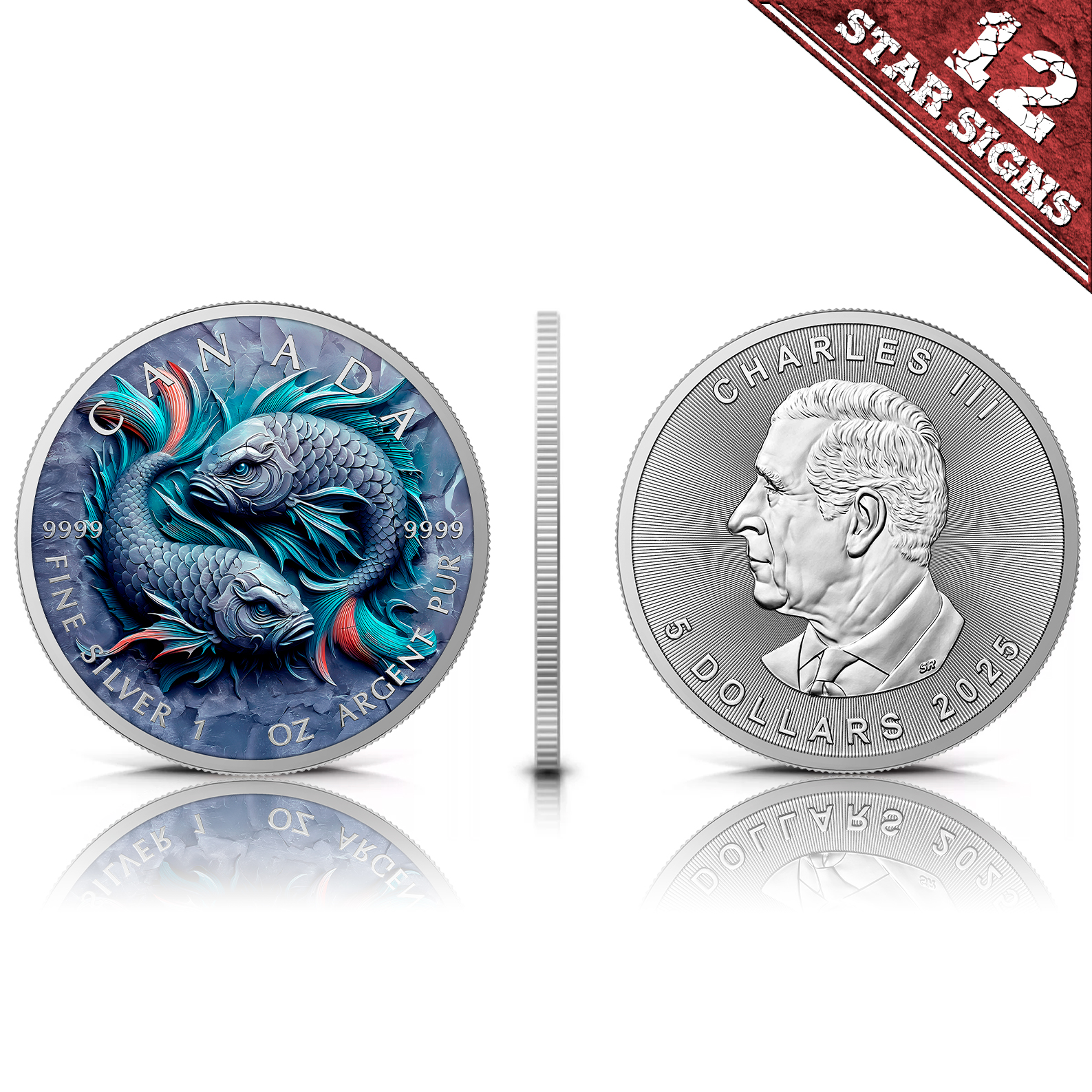 Silber Medaille Canada 1 oz - Stone Zodiac - Pisces 2025 Farbe Aufsteller CoA – Bild 4