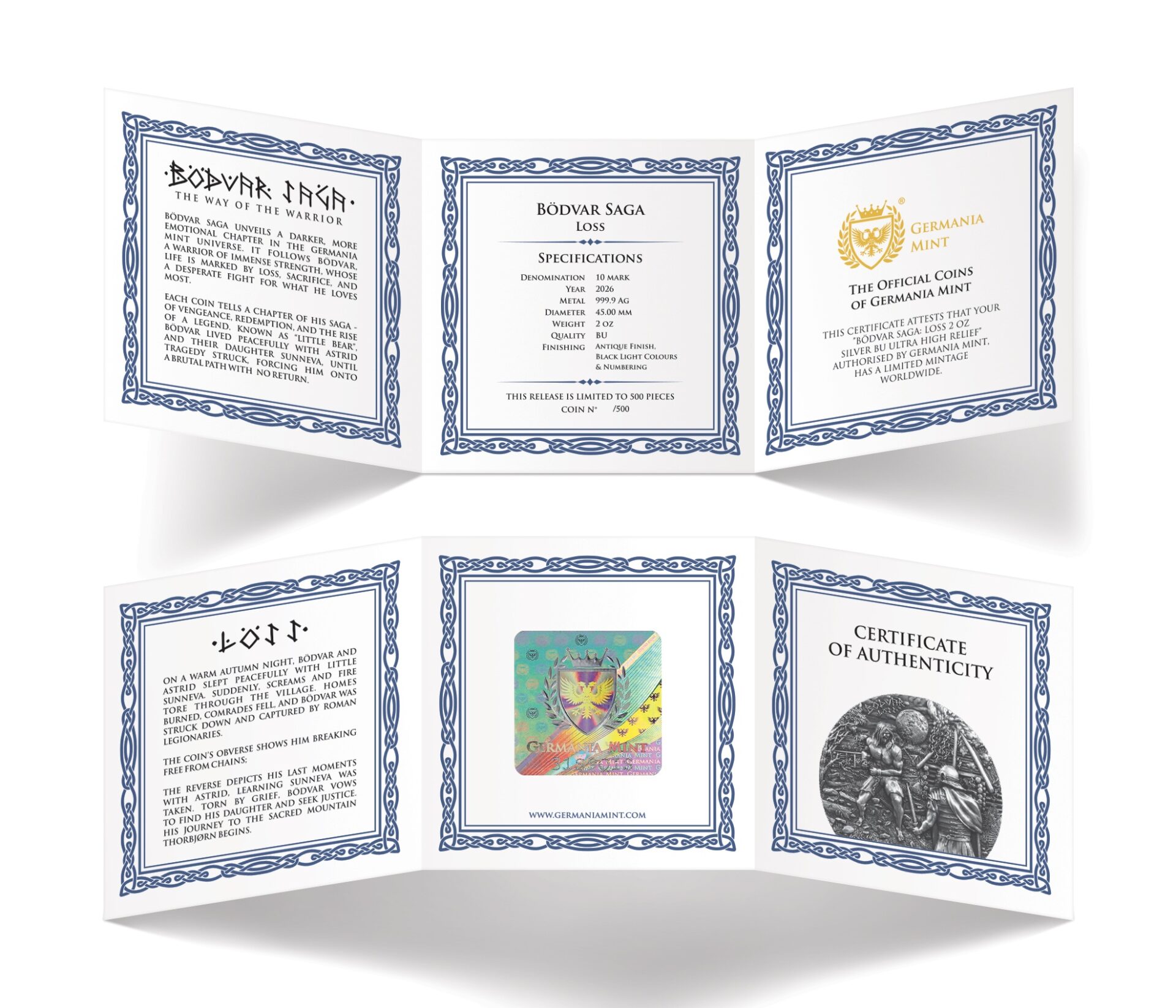 Silbermünze 2 oz Germania Mint - Bödvar Saga - Loss 2026 BU 10 Mark UHR, AF, UV-Effekt – Bild 6