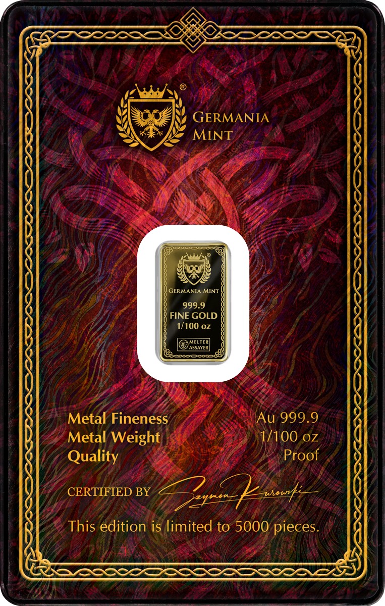 Goldbarren 1/100 oz Germania Mint Gods of Germania Frigg im Safepack 999 Gold – Bild 4
