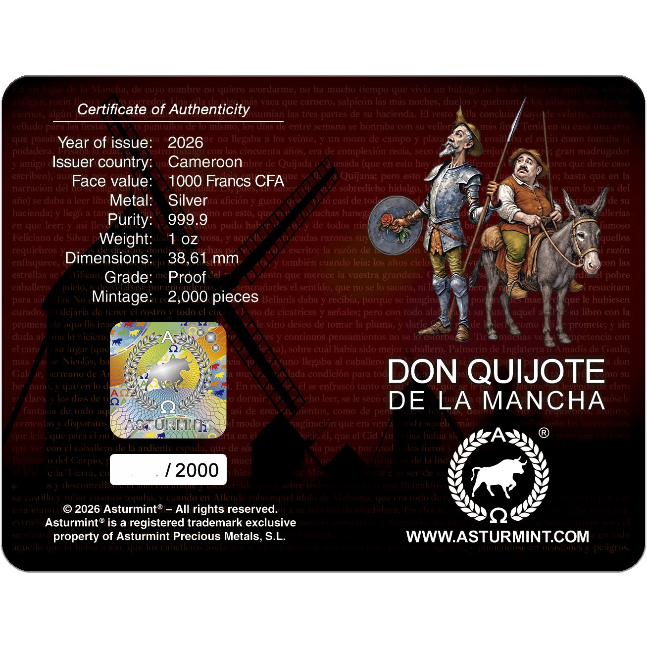 Silbermünze 1 oz Don Quijote de la Mancha 2026 Proof Silber Münze 999 – Bild 5
