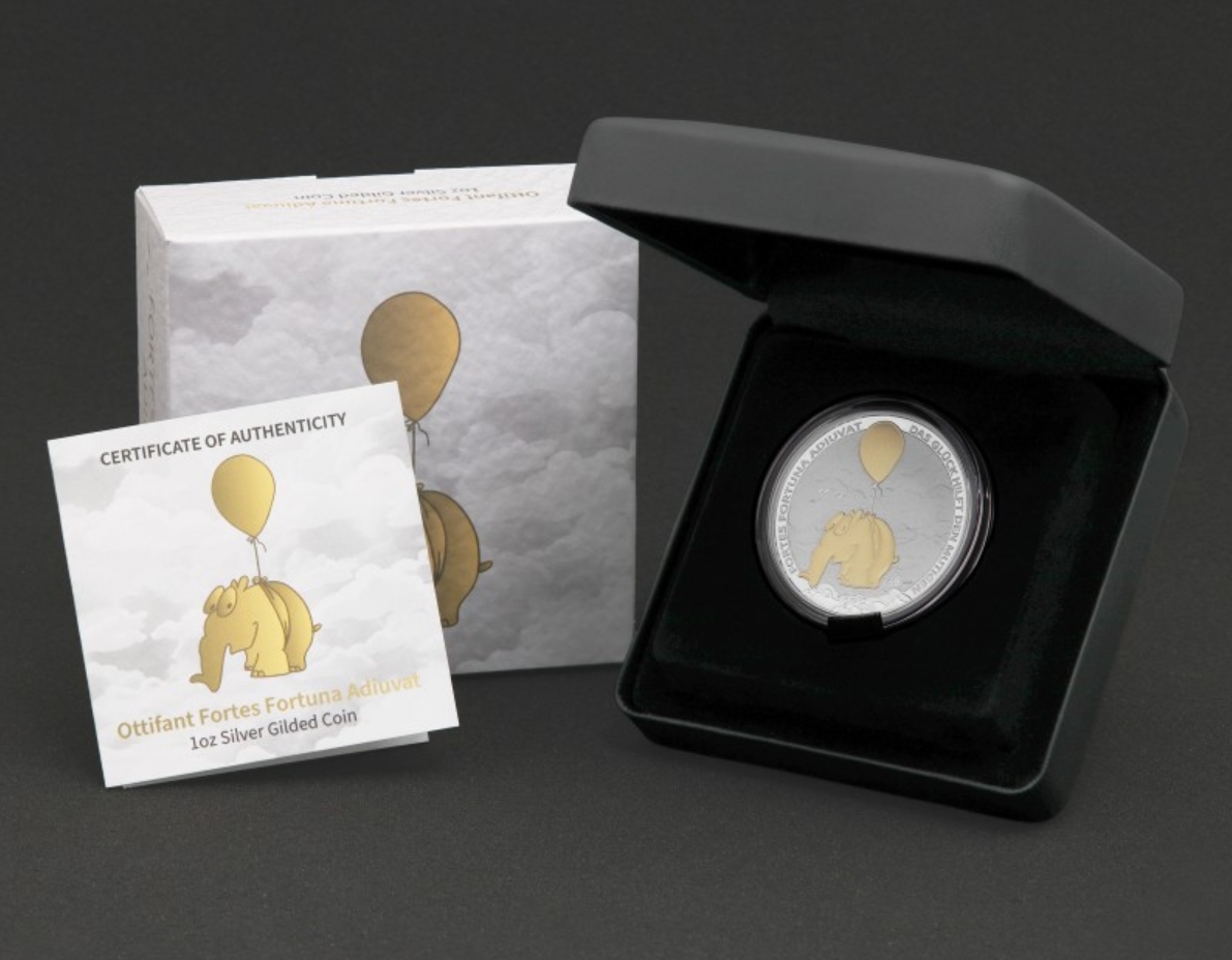 Silbermünze 1 oz Tuvalu Ottifant Ballonifant 2026 "Fortes Fortuna Adiuvat" gilded in Box – Bild 4