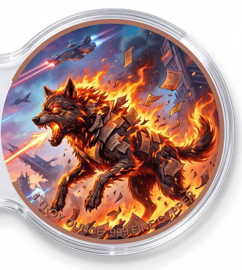Kupfermedaille 2x 1 oz Fantasy - Justitia Elefant vs. Feuerwolf Doppelkapsel – Bild 3