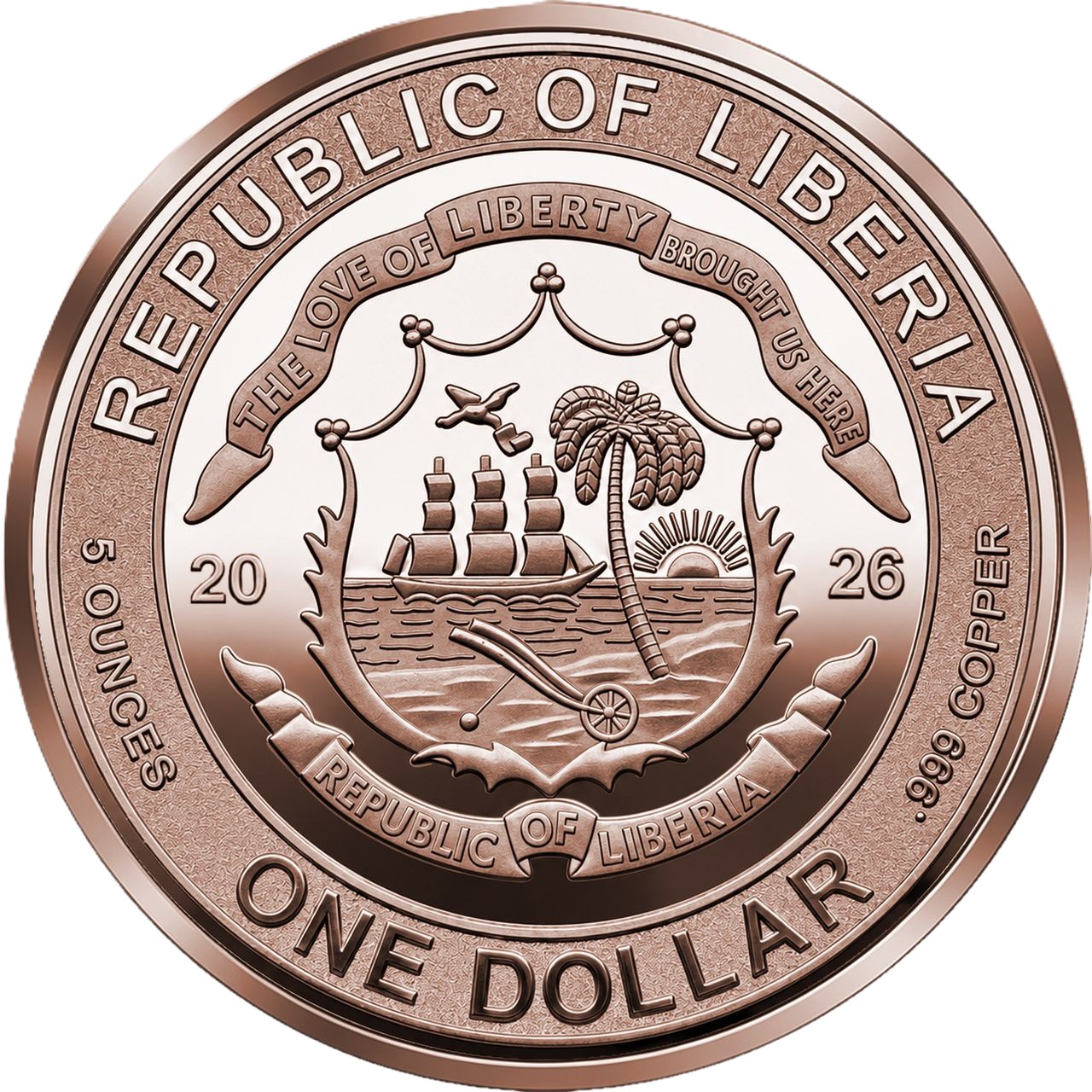Kupfermünze 5 oz Lady Justice 2026 Liberia 1 Dollar 999 Kupfer Münze – Bild 3