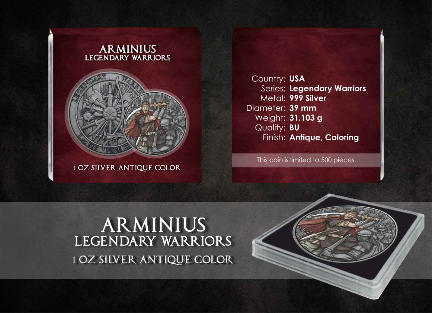 Silbermedaille 1 oz Legendary Warriors (14). Arminius Antik Farbe .999 Silber – Bild 4
