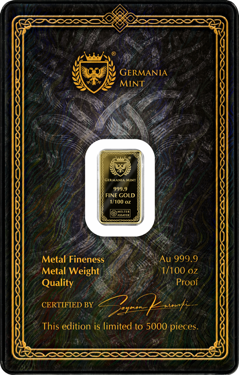 Goldbarren 1/100 oz Germania Mint Gods of Germania Thor im Safepack 999 Gold – Bild 3