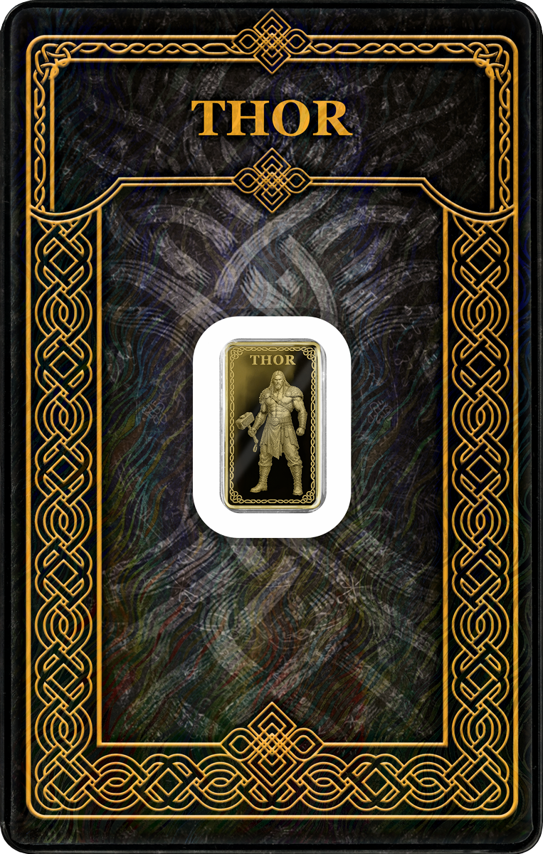 Goldbarren 1/100 oz Germania Mint Gods of Germania Thor im Safepack 999 Gold