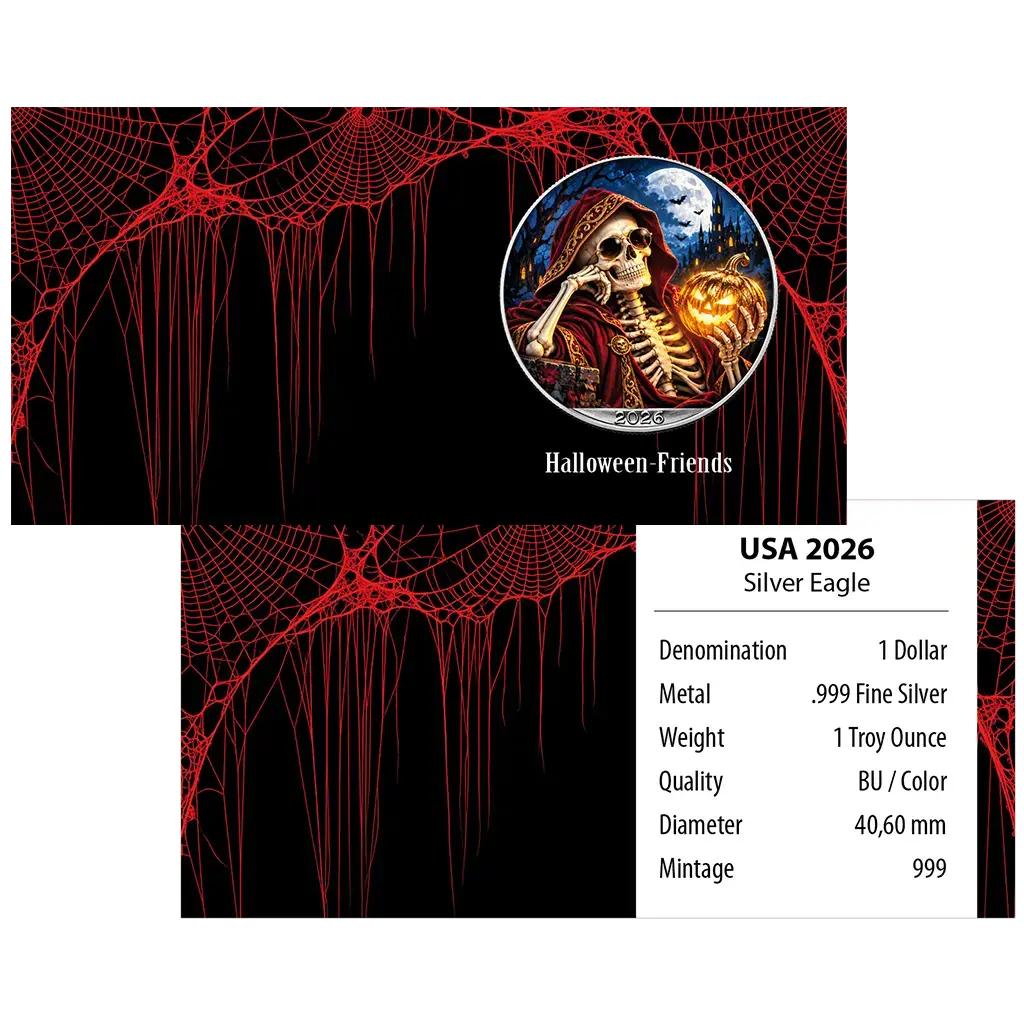 Silbermünze 1 oz American Silver Eagle - Halloween Friends 2026 Farbe – Bild 3