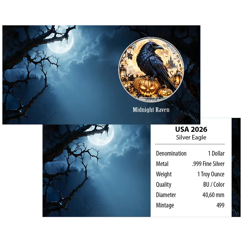 Silbermünze 1 oz American Silver Eagle - Halloween Midnight Raven 2026 Farbe – Bild 3