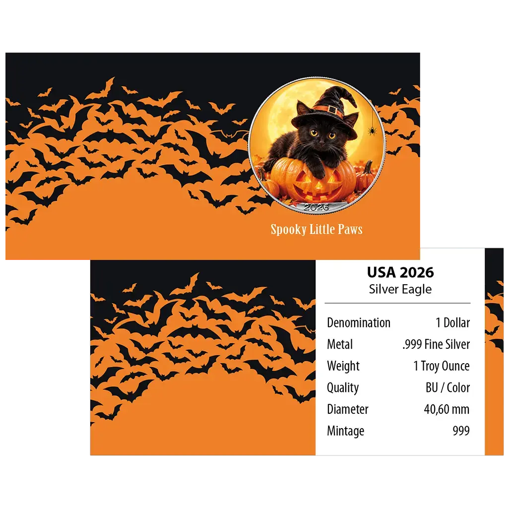 Silbermünze 1 oz American Silver Eagle - Halloween Spooky Little Paws 2026 Farbe – Bild 3