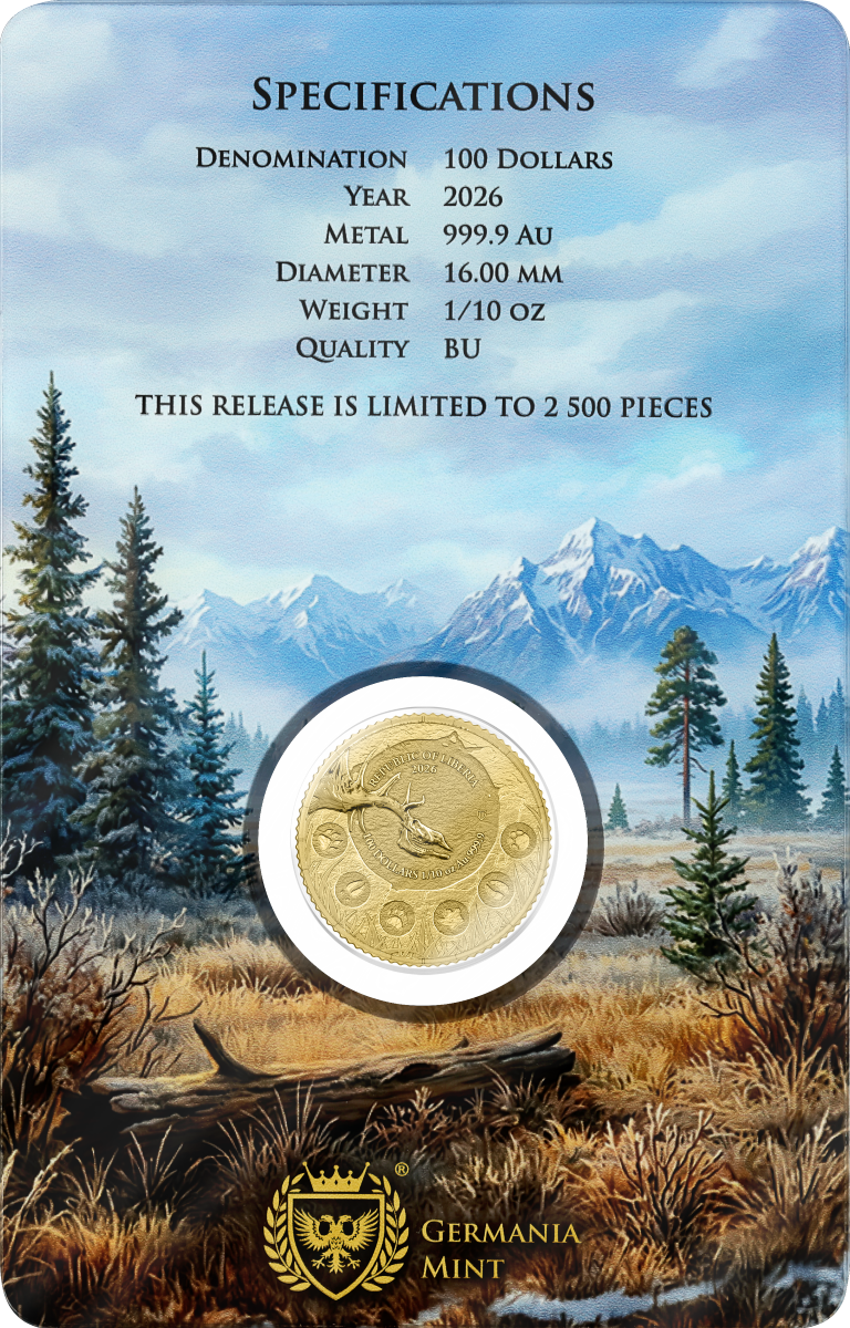 Goldmünze Germania Mint 1/10 oz Megafauna Giant Deer 2026 BU Safepack – Bild 2