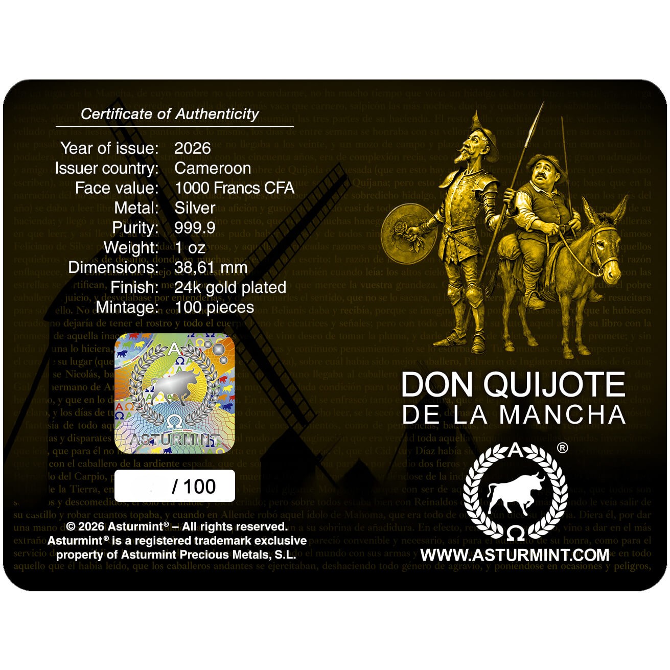Silbermünze 1 oz Don Quijote de la Mancha 2026 Full Gilded Proof .999 Silber – Bild 5