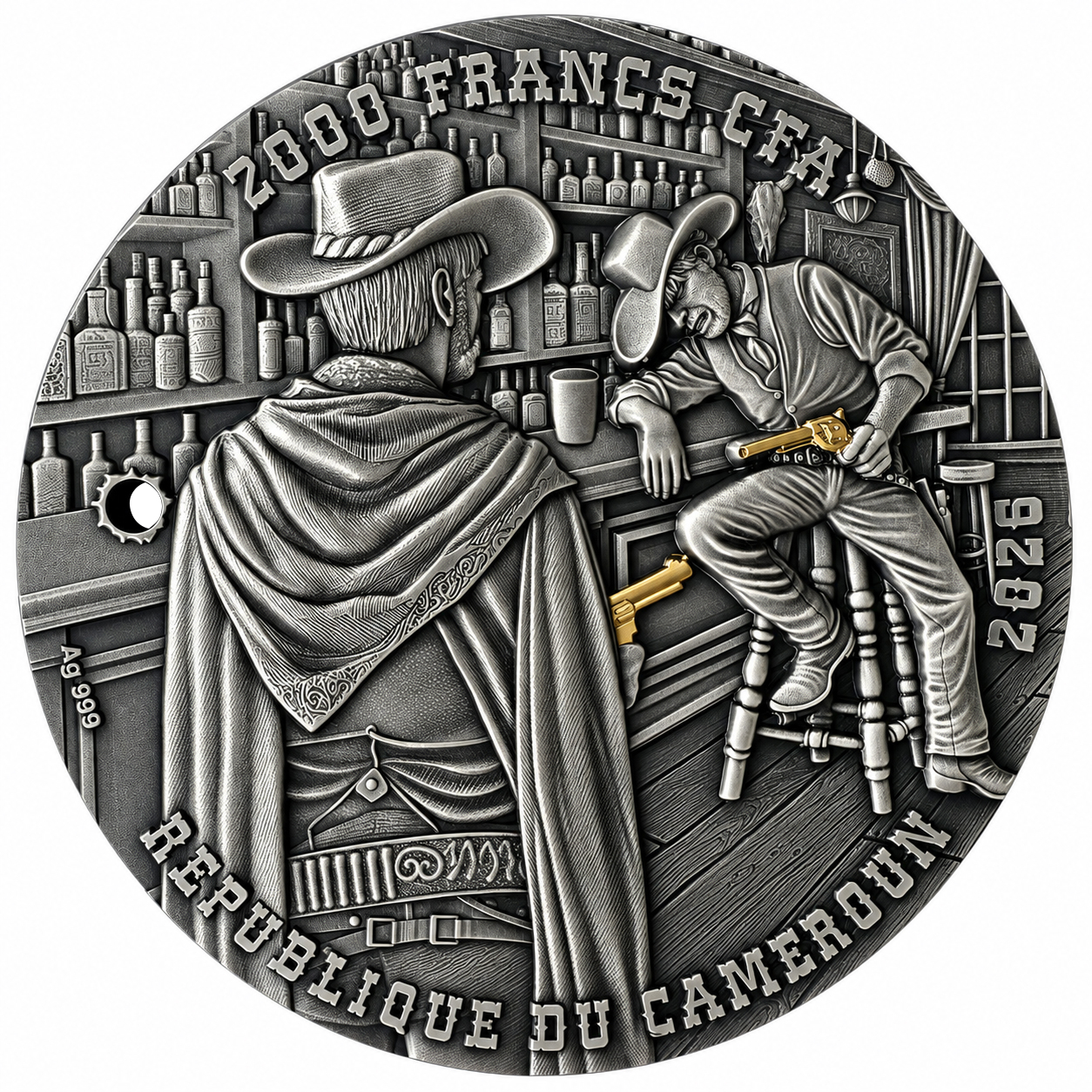 Silbermünze 2 oz Cameroon Wild West Saloon Duel 2026 High Relief Antik Finish – Bild 3