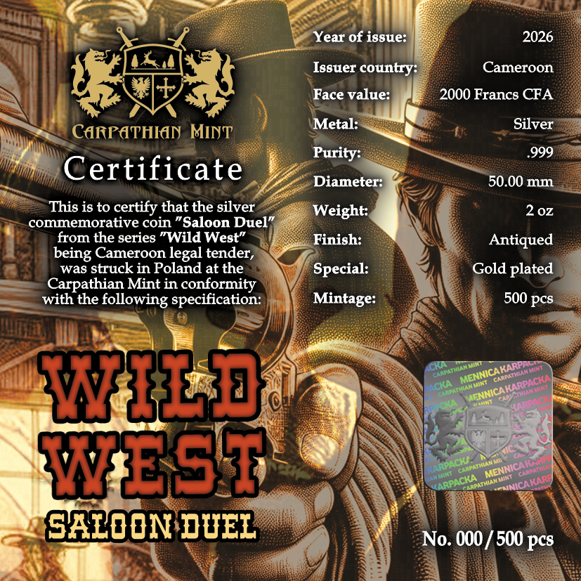 Silbermünze 2 oz Cameroon Wild West Saloon Duel 2026 High Relief Antik Finish – Bild 5