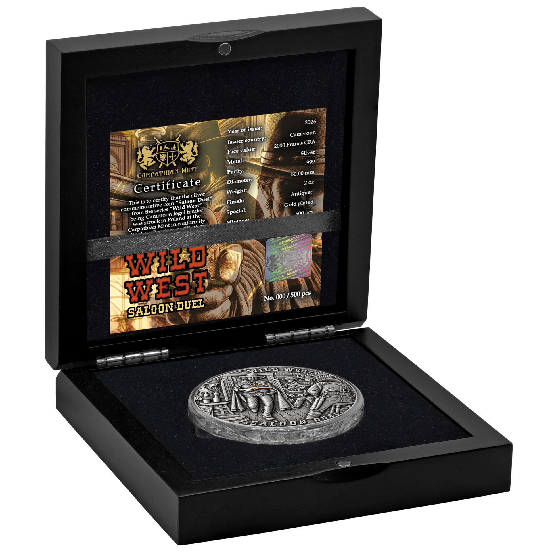 Silbermünze 2 oz Cameroon Wild West Saloon Duel 2026 High Relief Antik Finish – Bild 4